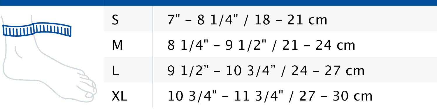 Size chart showing measurements for Actimove Everyday Supports Ankle Support
 Size chart showing measurements for Actimove Everyday Supports Ankle Support